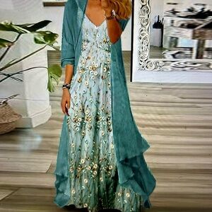 Floral Embroidered Maxi Dress with Teal Overlay